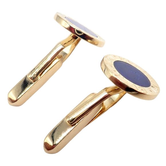 Authentic! Bvlgari Bulgari 18k Yellow Gold Lapis Lazuli Cufflinks - Picture 2 of 10